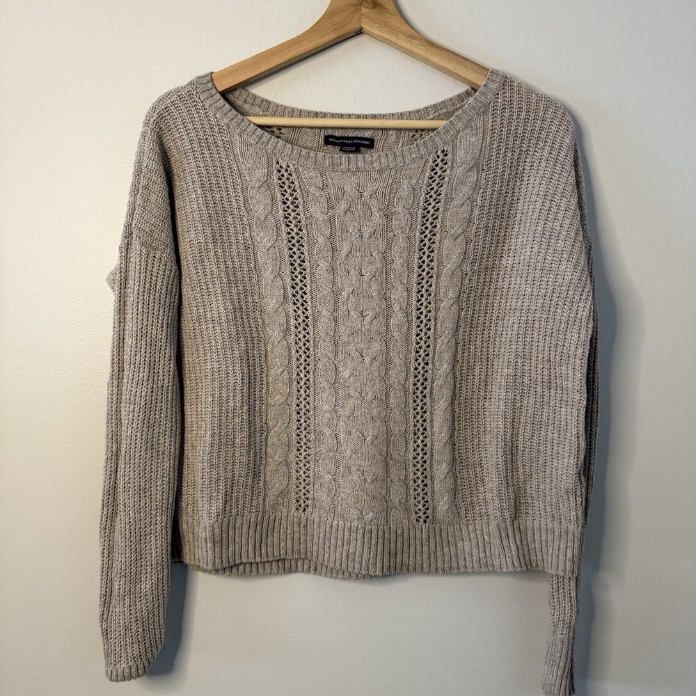 American Eagle Cable Knit Sweater Crew Neck Beige Soft Stretch Sz XS Cotton/Wool